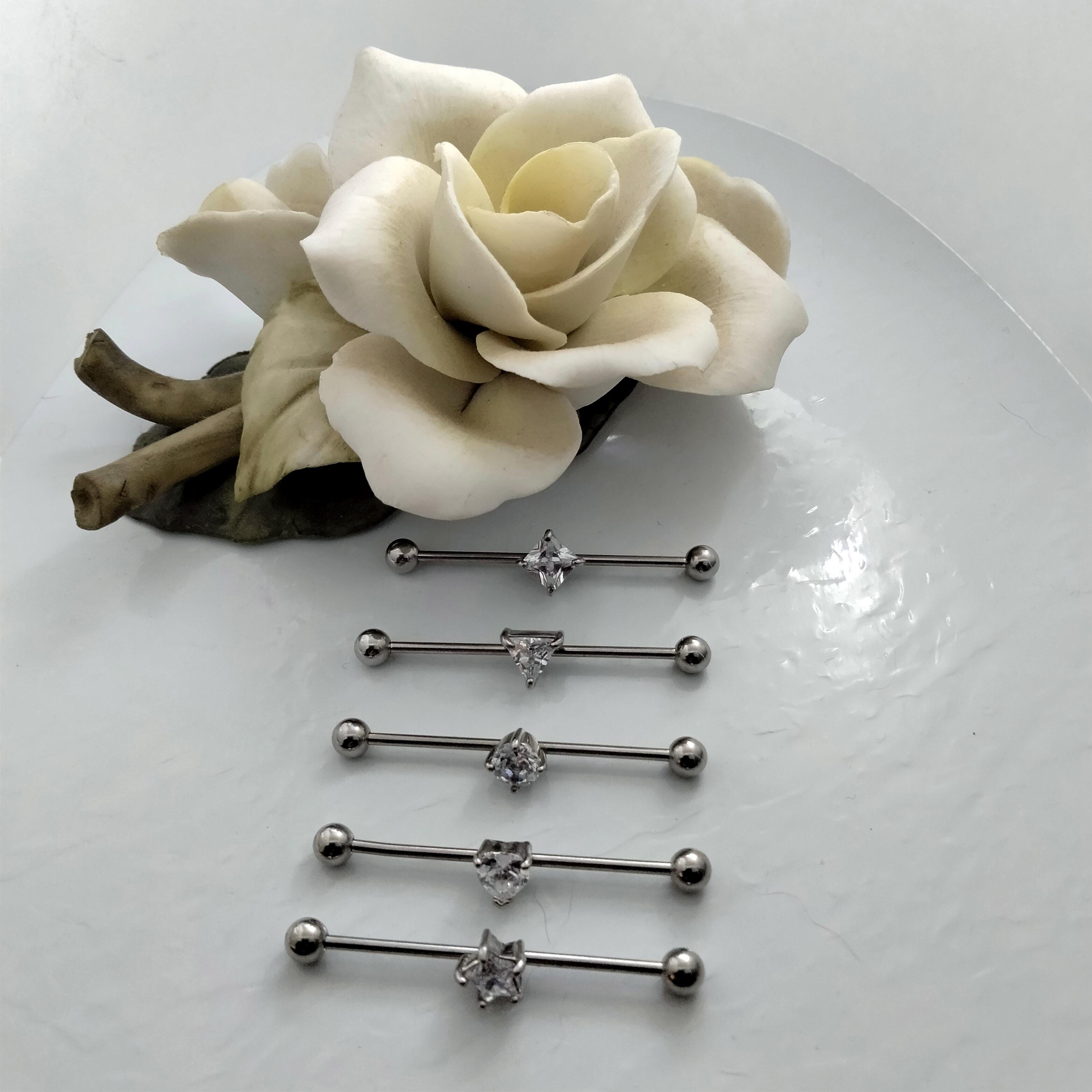 14G Industrial Barbell – Surgical Steel, Diamond-Like Triangle Stone, Scaffold & Cartilage