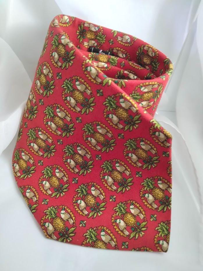 Vintage 1980s Salvatore Ferragamo Silk Necktie – Holiday Partridge & Pineapple Print, Made in Italy