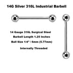14G Surgical Steel Straight Barbell – Internally Threaded, 5.56mm End Balls