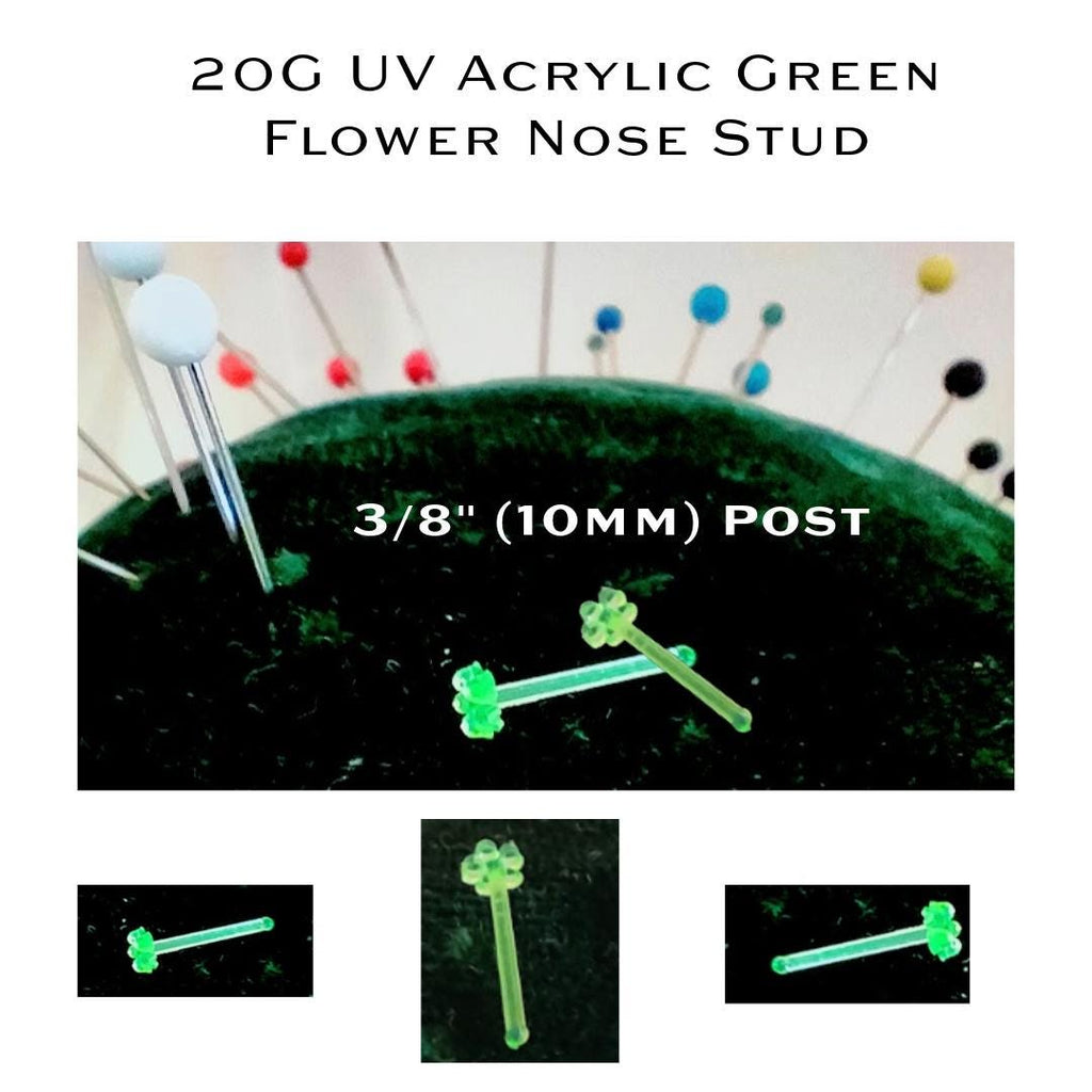 20G Green Acrylic Flower Nose Stud, UV Reactive (10mm Post)