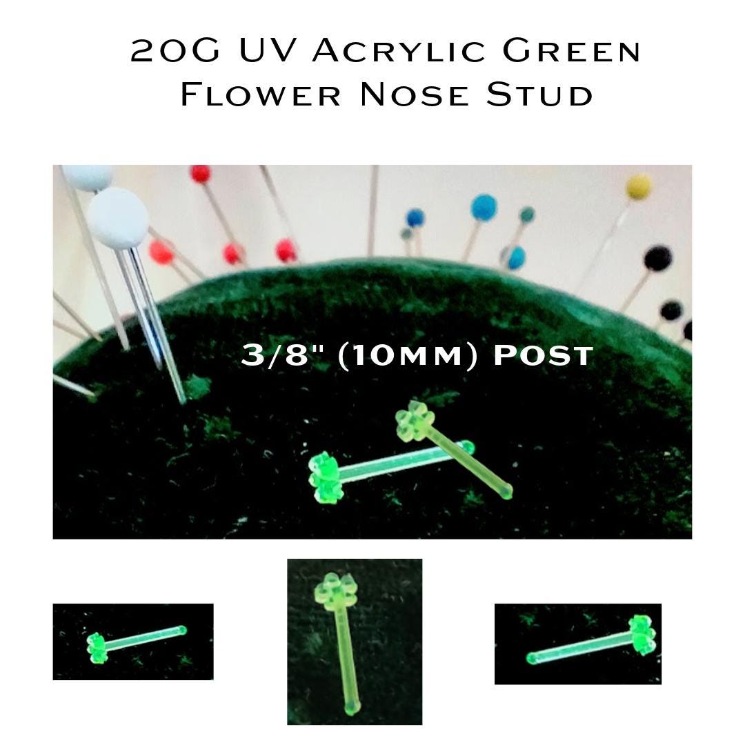 20G Green Acrylic Flower Nose Stud, UV Reactive (10mm Post)