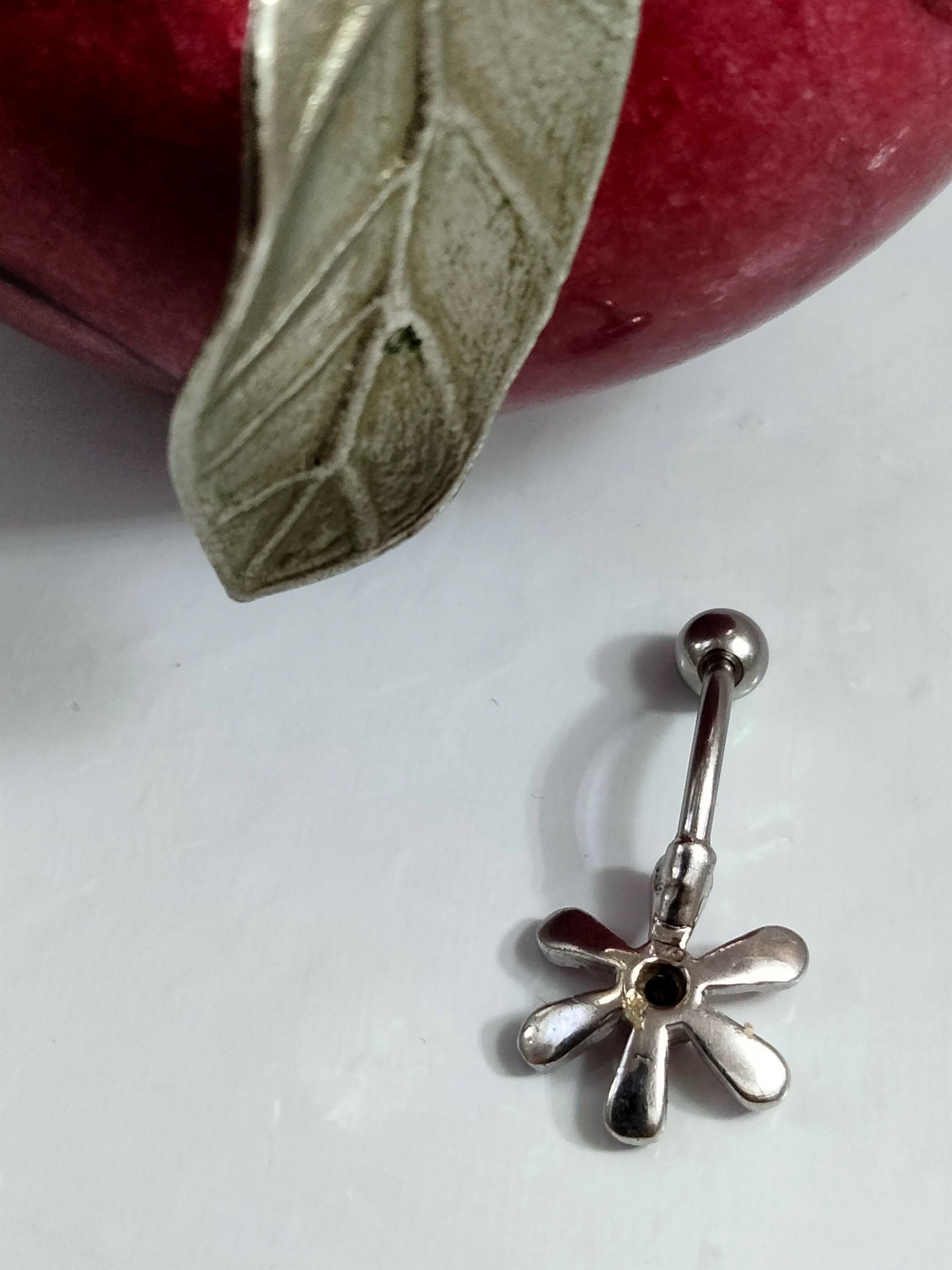 Pink Flower Belly Ring – 14G Rhinestone Navel Jewelry, Surgical Steel