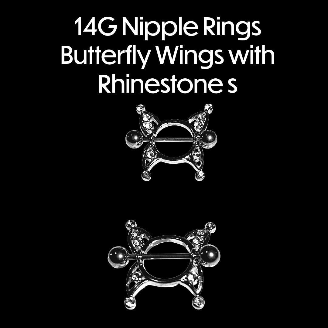 14G Butterfly Wing Nipple Shield – 316L Surgical Steel, Clear Rhinestones, Sold as Pair