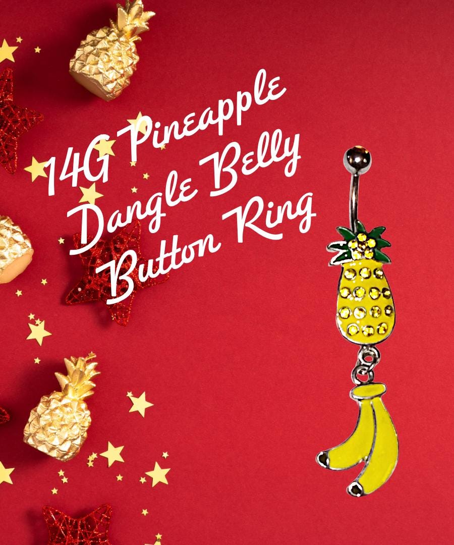 14G Pineapple Dangle Belly Ring – Surgical Steel with Yellow Rhinestones