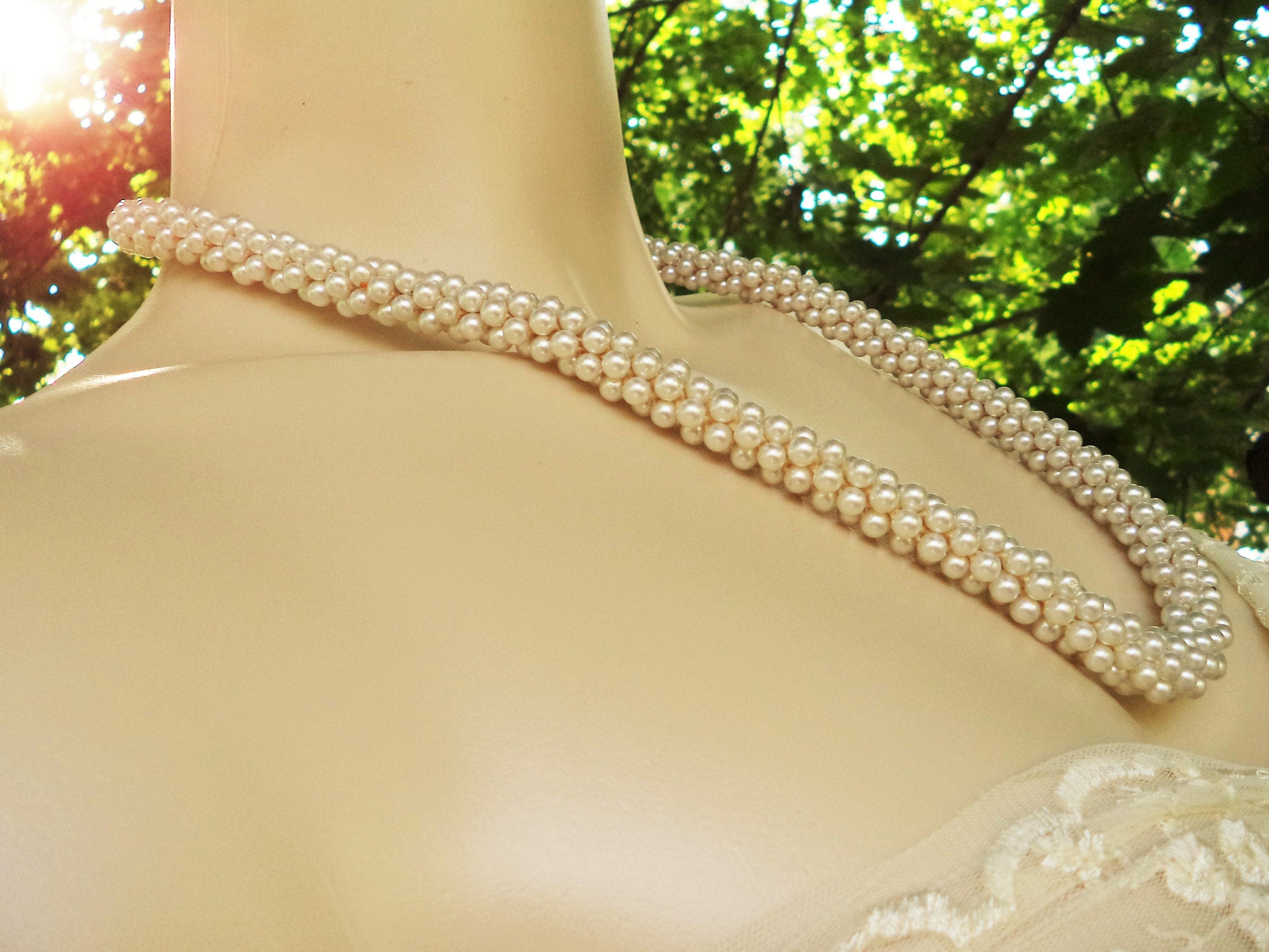 Vintage Faux Creamy White Pearl Crochet Rope Necklace – 12", Slip-Over-Head