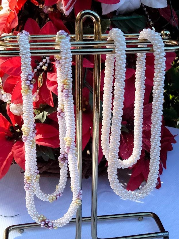 Vintage Faux Creamy White Pearl Crochet Rope Necklace – 12", Slip-Over-Head