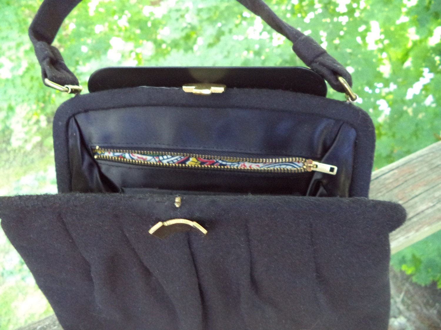 Vintage Black Wool Handbag – Gold Tone Clasp, Black Satin Lining, Never Carried