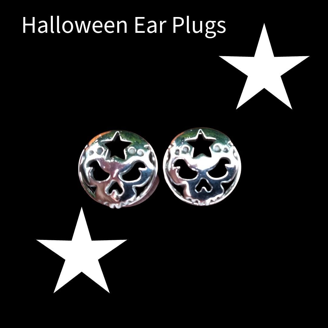 3/4" Stainless Steel Evil Pumpkin Double Flare Flesh Tunnel – Rhinestones, Halloween