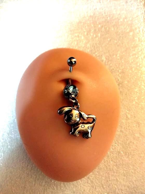 Puppy Dangle Belly Ring – 14G Blue Rhinestone, Surgical Steel