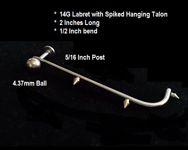 14G Labret Stud with 2" Hanging Spiked Talon – 316L Surgical Steel, Beard-Friendly