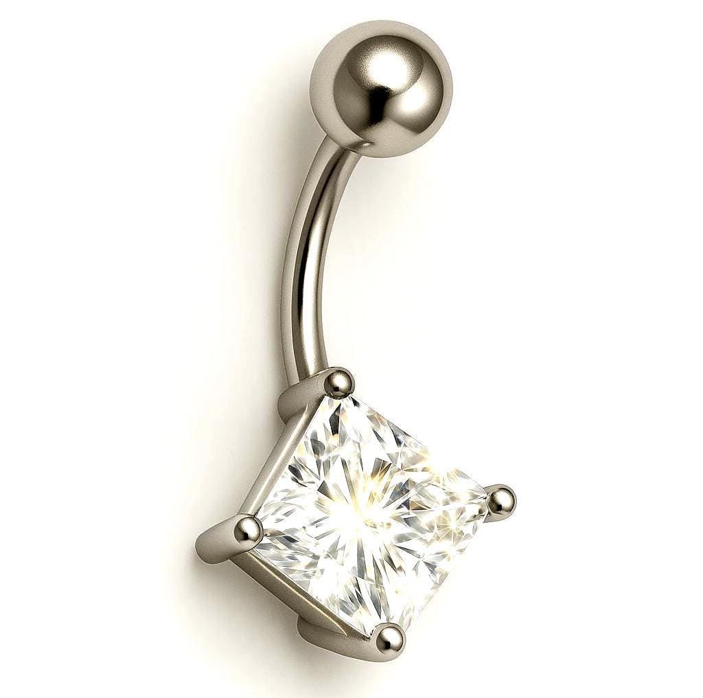 14G Faux Diamond Square Belly Ring – Surgical Steel, 4-Point Prong Set