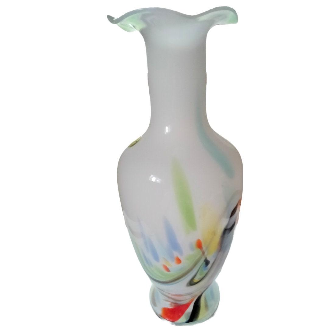 Vintage White-Cased Blown Glass Vase – 15", Murano-Style Marbleized Swirls