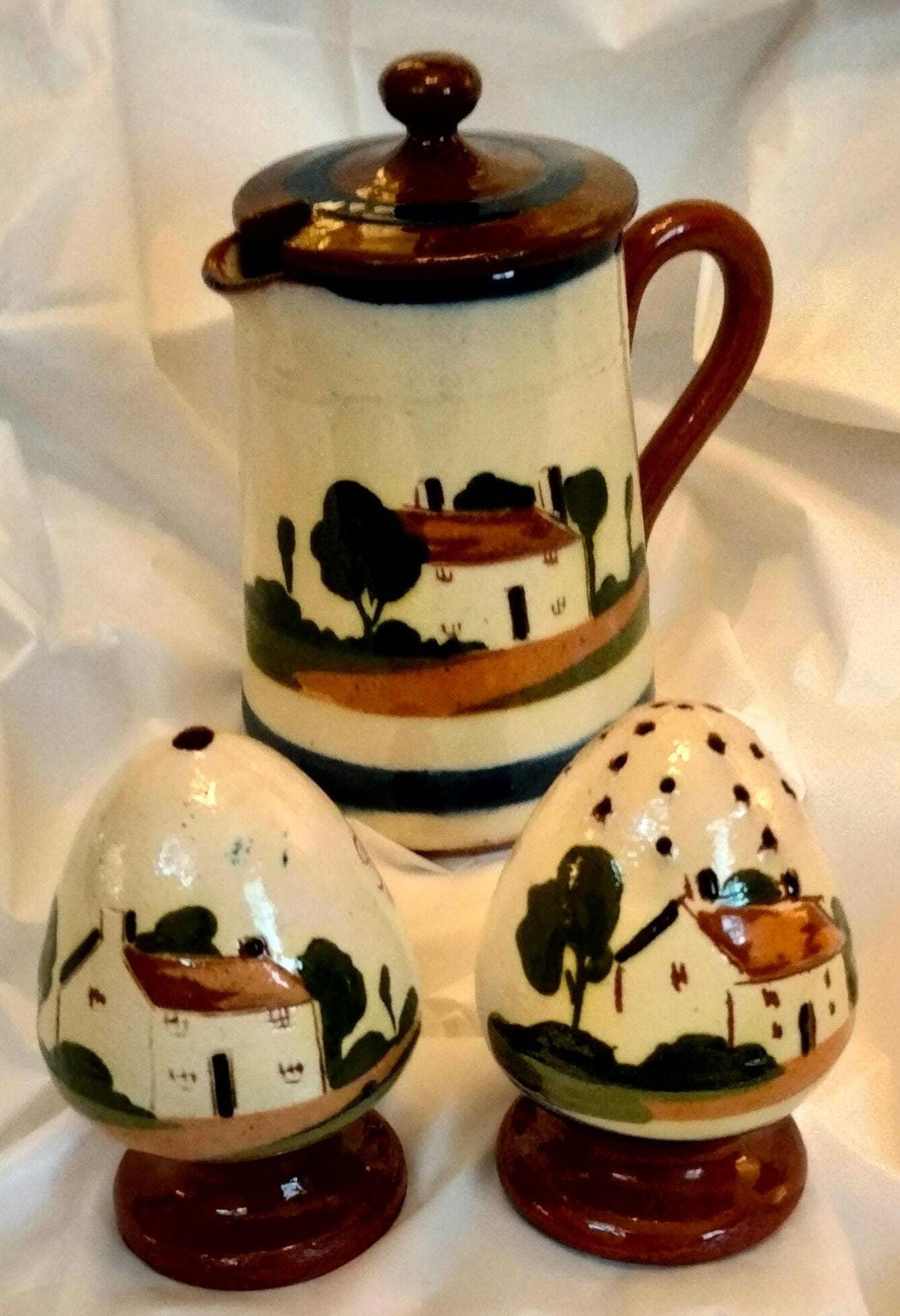 Vintage Watcombe Torquay Motto Ware Salt, Pepper & Creamer Set – Hand-Painted, Made in England