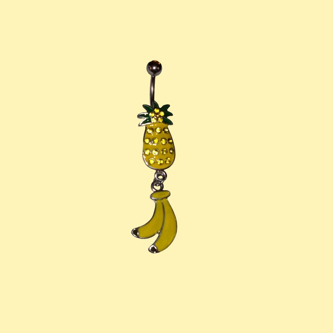 14G Pineapple Dangle Belly Ring – Surgical Steel with Yellow Rhinestones