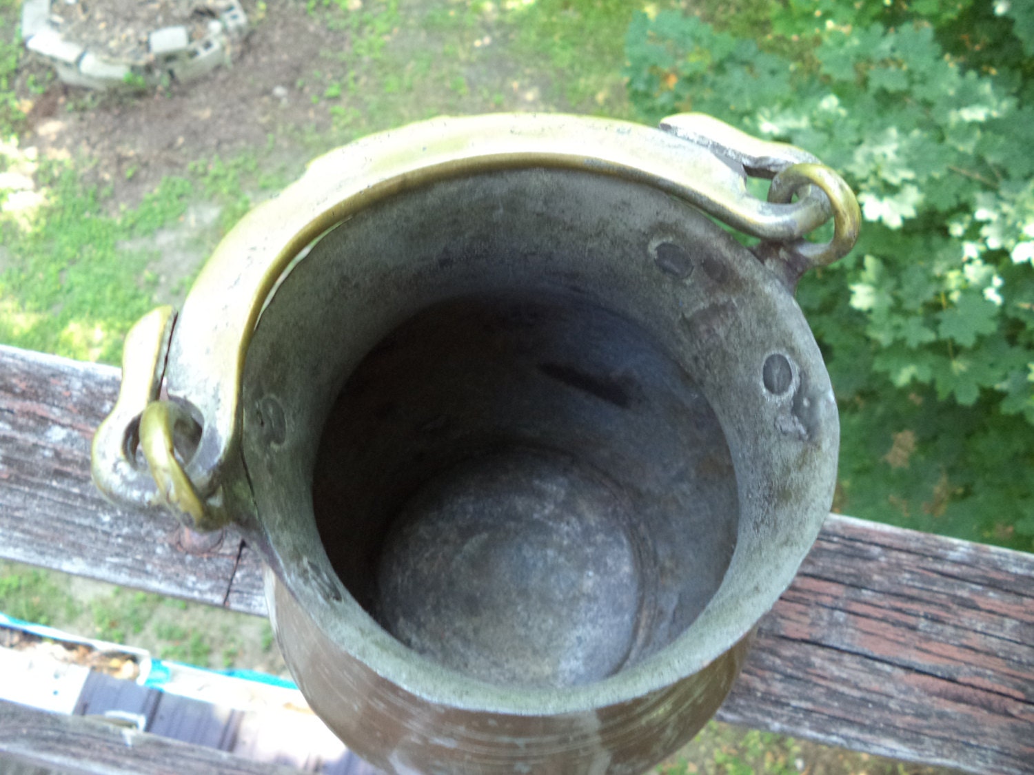 Antique Handmade Metal Bucket – Curved Pail with Gold Tone Handle & Original Hardware