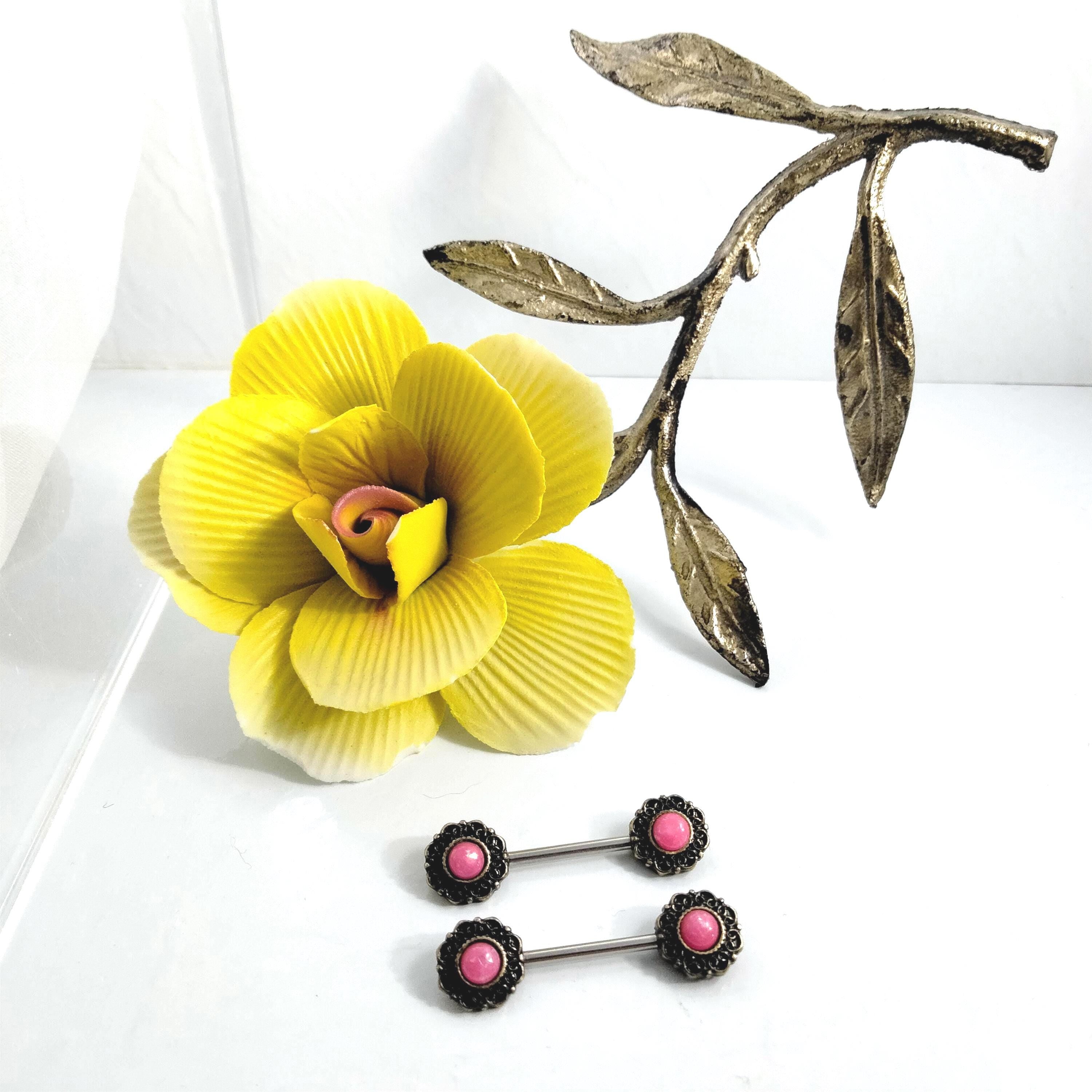 14G Faux Moonstone Nipple Rings – 316L Surgical Steel, Pink-Rouge Cabochon, Sold as Pair