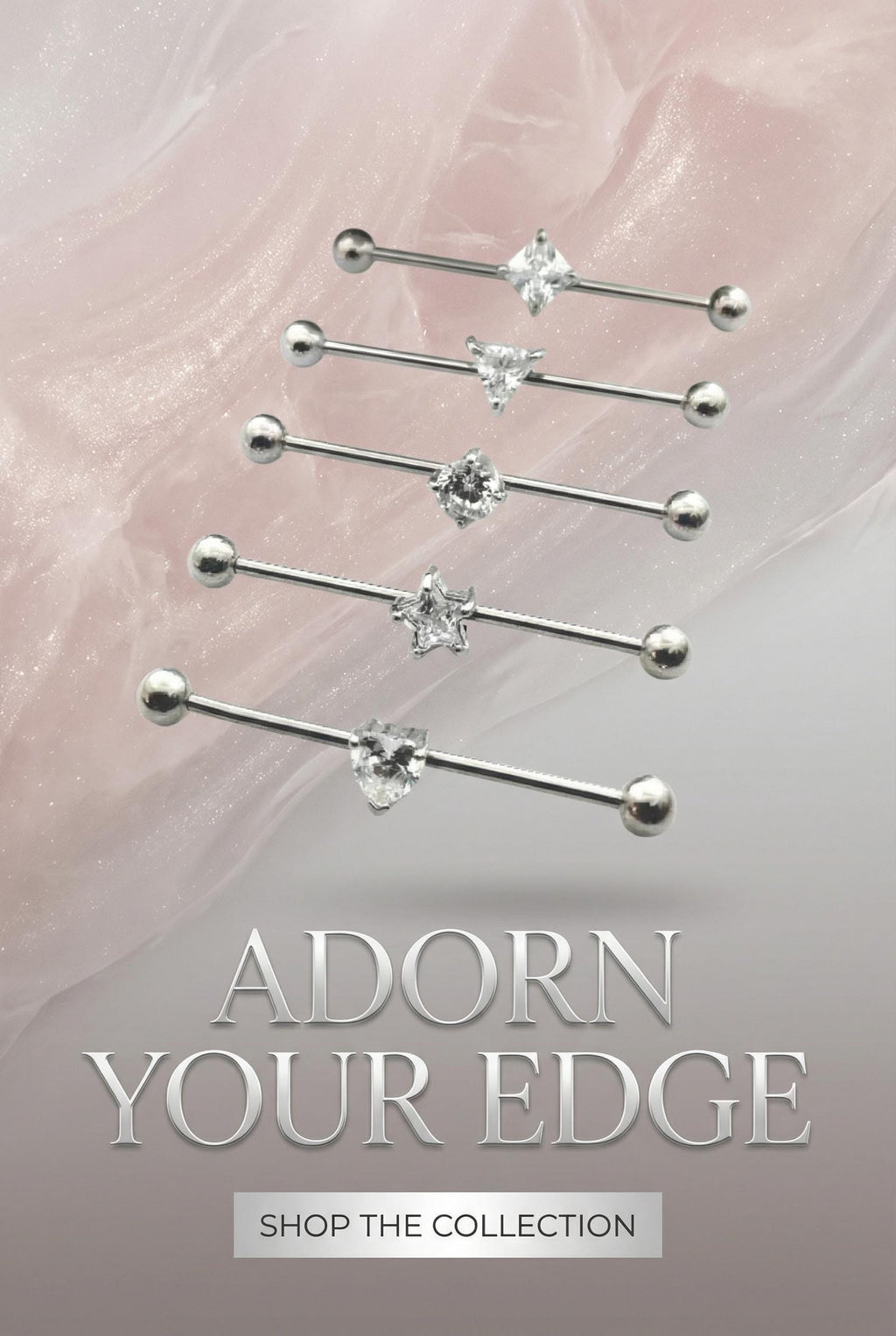 14G Industrial Barbell – Surgical Steel, Diamond-Like Heart Stone, Prong Set