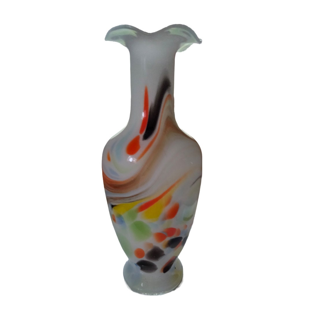 Vintage White-Cased Blown Glass Vase – 15", Murano-Style Marbleized Swirls