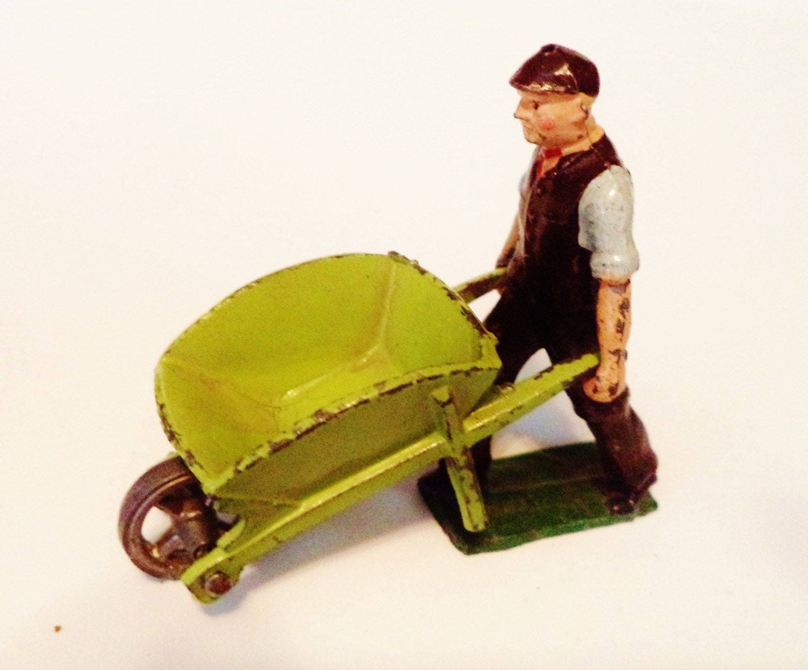 Antique Train Conductor Figurine with Wheelbarrow – J. Hill & Co. Die-Cast, 1950s England