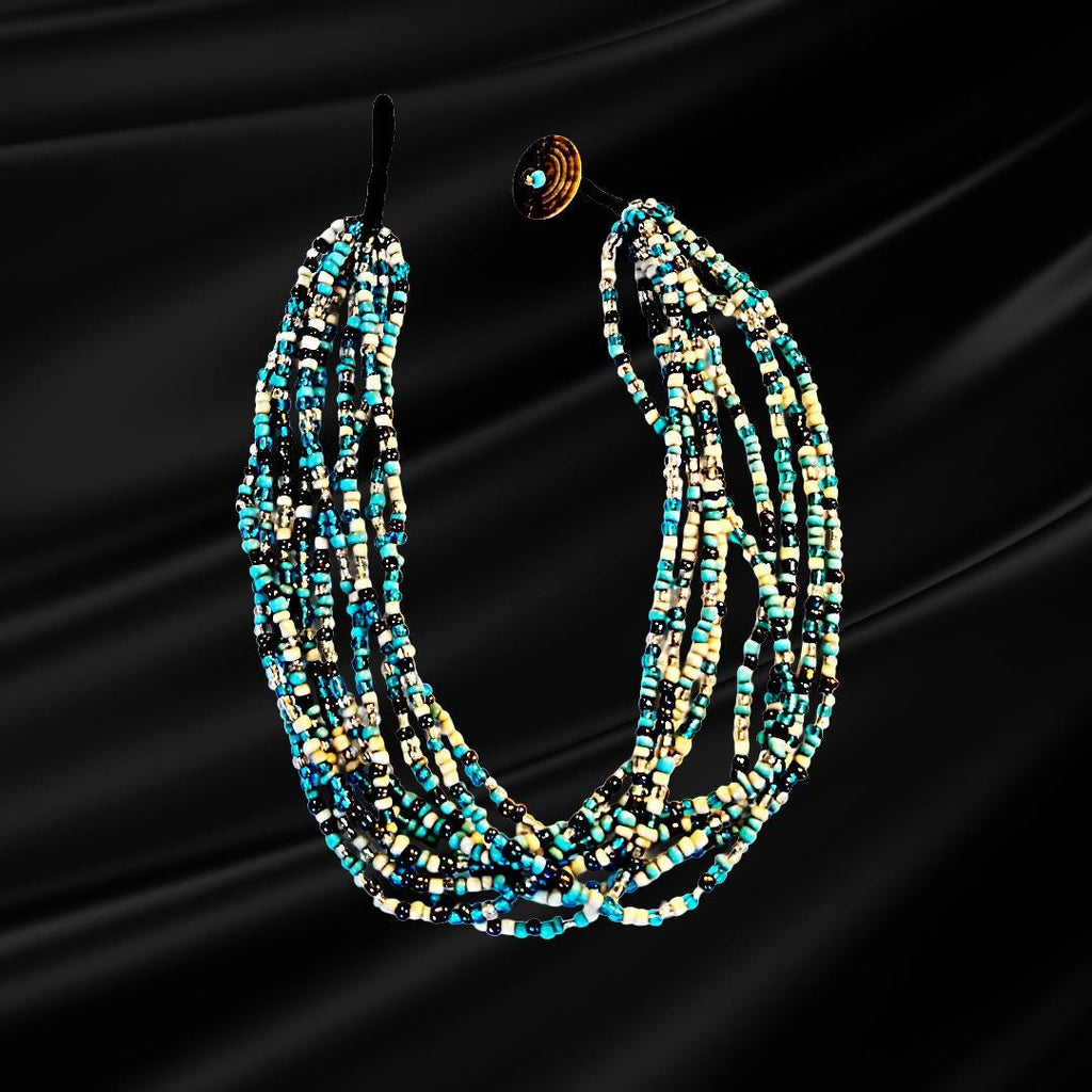 Vintage Nine-Strand Glass Bead Choker – Turquoise, Blue, Silver & More