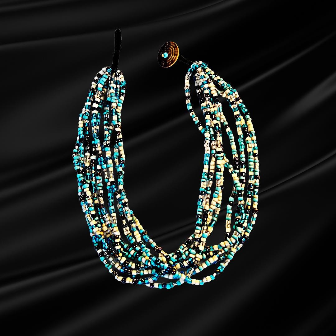 Vintage Nine-Strand Glass Bead Choker – Turquoise, Blue, Silver & More