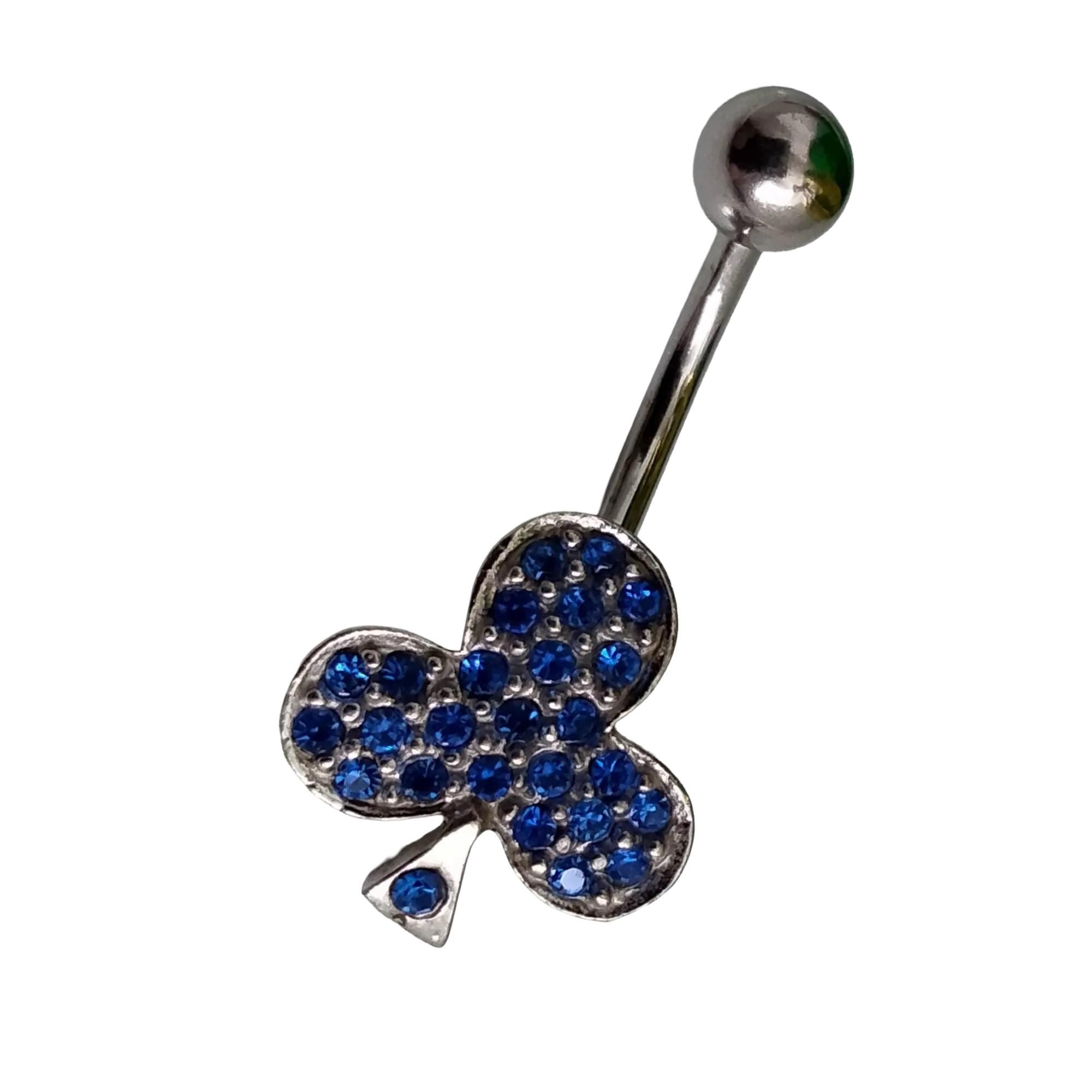 Blue Rhinestone Clover Belly Ring – Surgical Steel