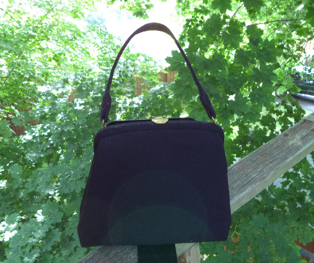 Vintage Black Wool Handbag – Gold Tone Clasp, Black Satin Lining, Never Carried
