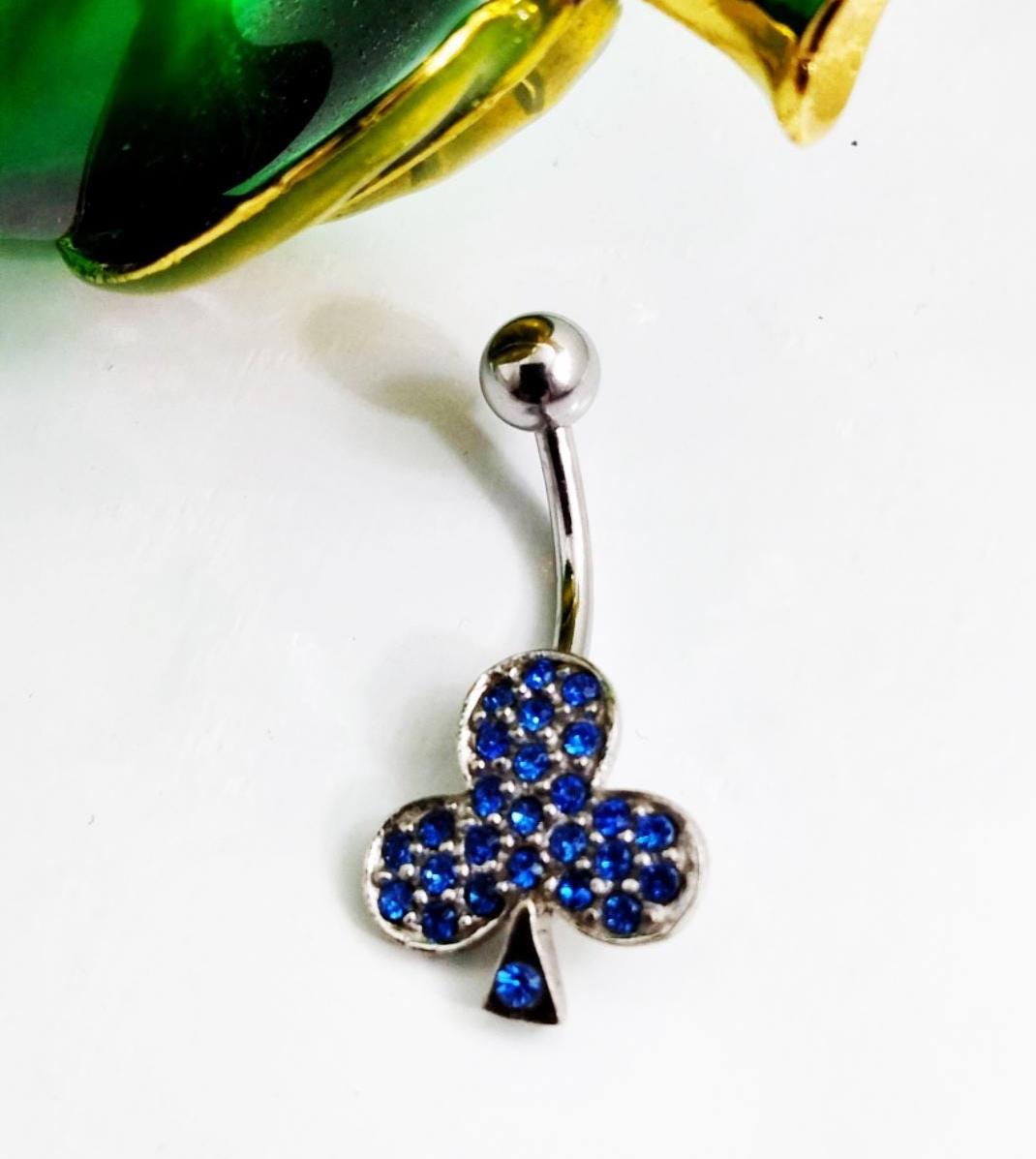 Blue Rhinestone Clover Belly Ring – Surgical Steel