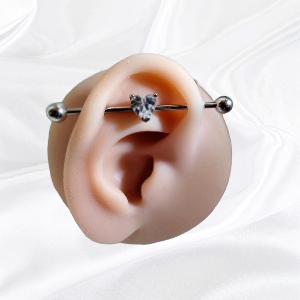 14G Industrial Barbell – Surgical Steel, Diamond-Like Heart Stone, Prong Set