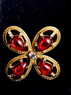 Vintage 1960s Signed Freirich Maltese Cross Brooch – Ruby Red Poured Glass & Rhinestones