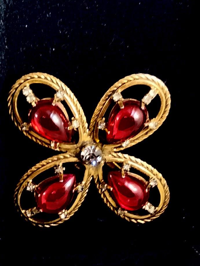 Vintage 1960s Signed Freirich Maltese Cross Brooch – Ruby Red Poured Glass & Rhinestones