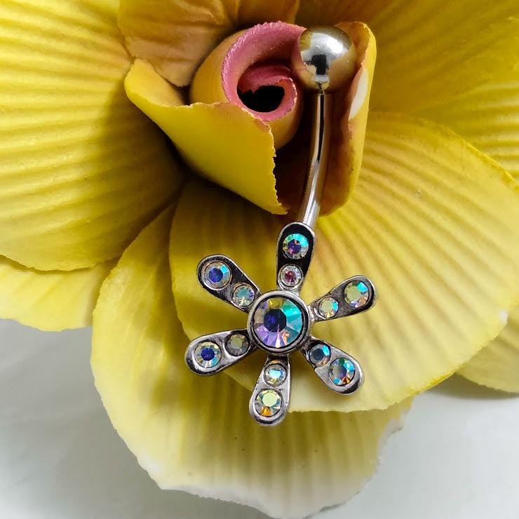 Aurora Borealis Flower Belly Ring – 14G Surgical Steel