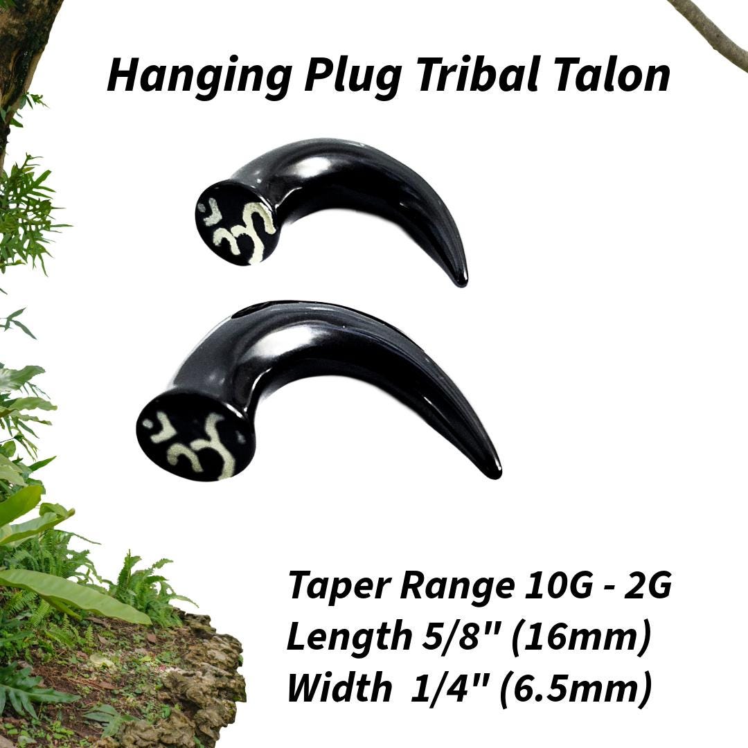 Black Acrylic Tribal Etching Talon Ear Plug Hanger – 10G–2G, Sold as Pair