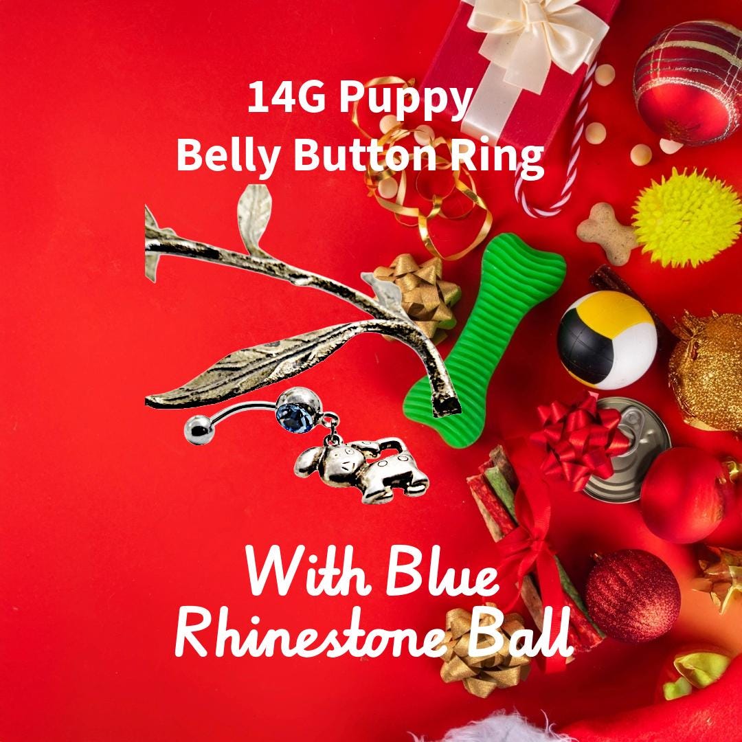 Puppy Dangle Belly Ring – 14G Blue Rhinestone, Surgical Steel
