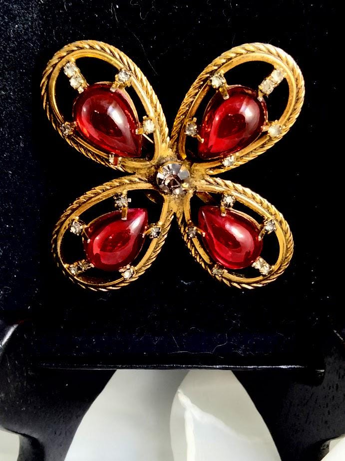 Vintage 1960s Signed Freirich Maltese Cross Brooch – Ruby Red Poured Glass & Rhinestones