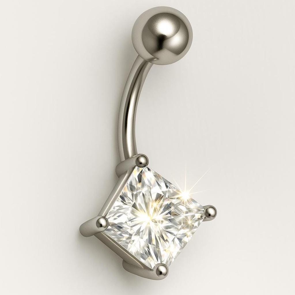 14G Faux Diamond Square Belly Ring – Surgical Steel, 4-Point Prong Set