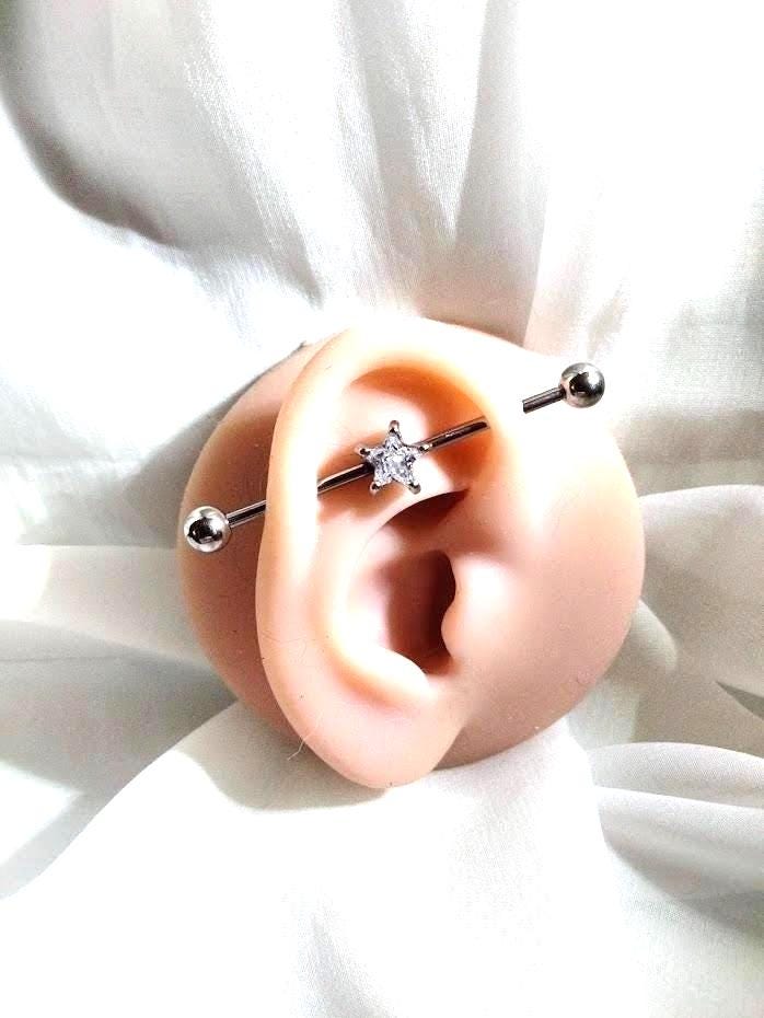 14G Star Industrial Barbell – Surgical Steel, Diamond-Like 5/16" Star Stone