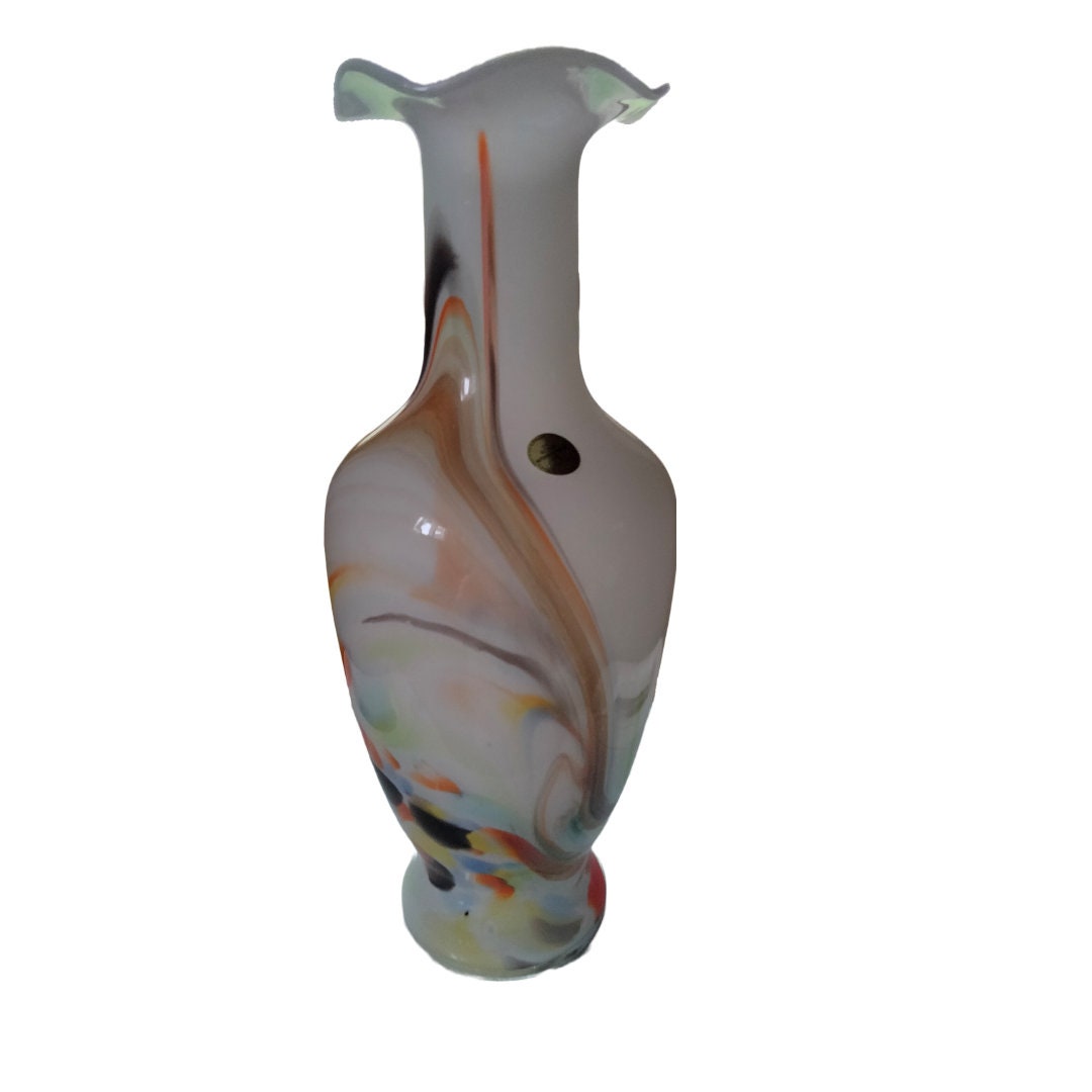 Vintage White-Cased Blown Glass Vase – 15", Murano-Style Marbleized Swirls