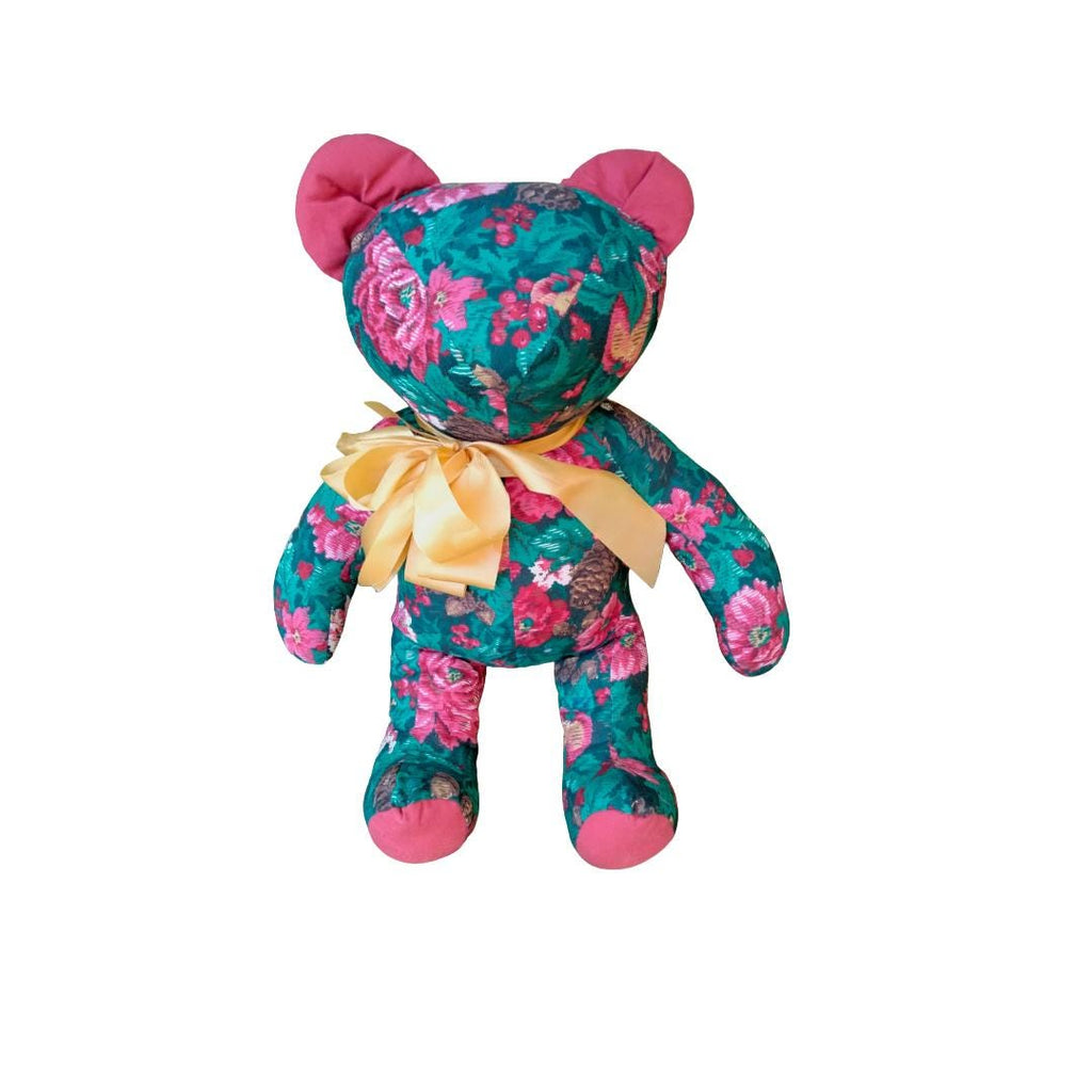 Vintage 1980s Riverdale Christmas Teddy Bear – Poinsettia Fabric, Made in USA, Mint Condition