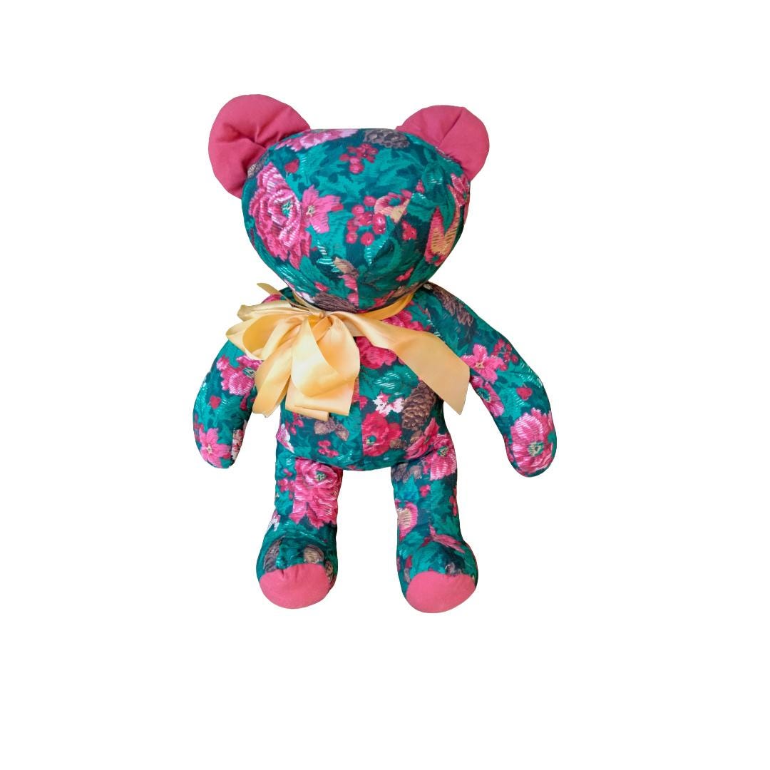 Vintage 1980s Riverdale Christmas Teddy Bear – Poinsettia Fabric, Made in USA, Mint Condition