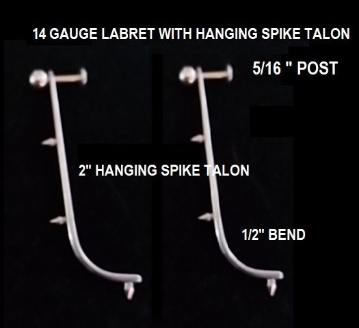14G Labret Stud with 2" Hanging Spiked Talon – 316L Surgical Steel, Beard-Friendly