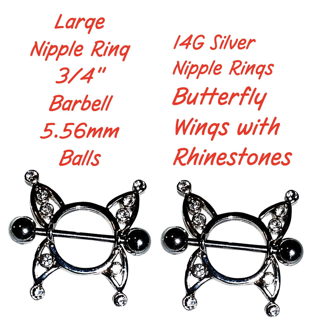 14G Butterfly Wing Nipple Shield – 316L Surgical Steel, Clear Rhinestones, Sold as Pair