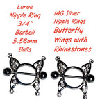 14G Butterfly Wing Nipple Shield – 316L Surgical Steel, Clear Rhinestones, Sold as Pair