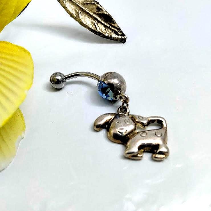 Puppy Dangle Belly Ring – 14G Blue Rhinestone, Surgical Steel