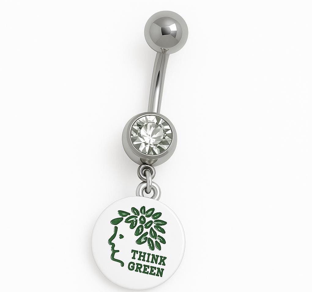 Think Green Belly Ring – 14G Diamond-Like Stone & Enamel Charm
