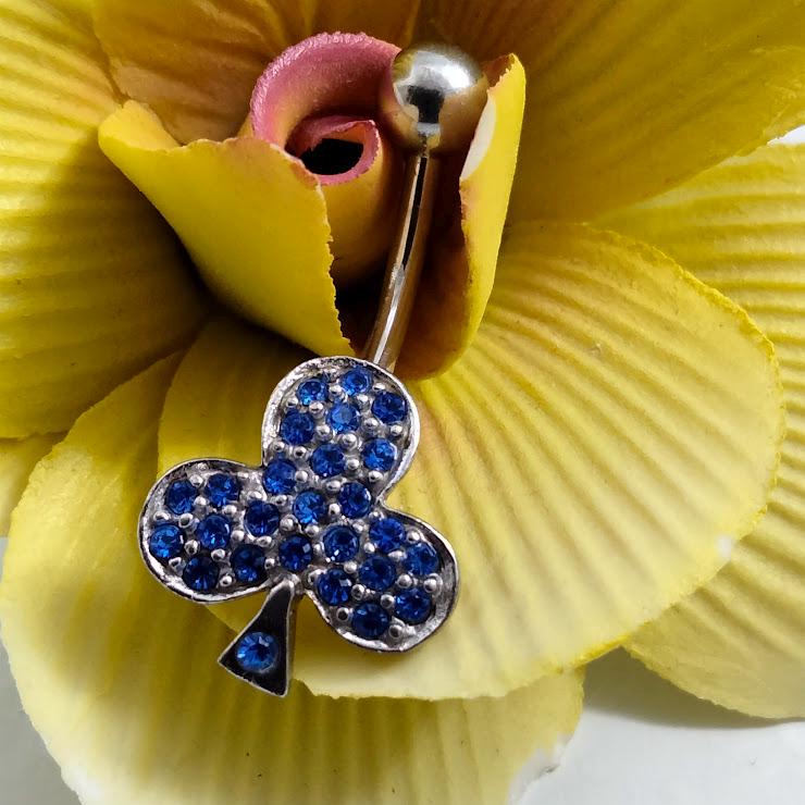 Blue Rhinestone Clover Belly Ring – Surgical Steel