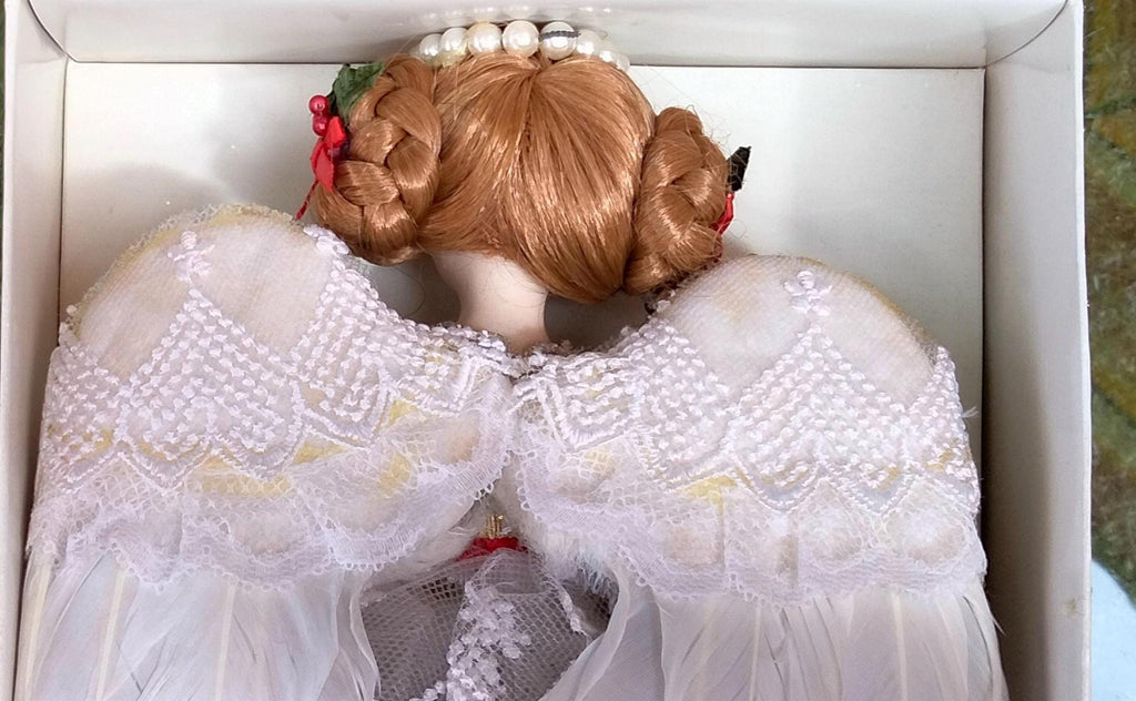 Vintage 1980s Bisque Christmas Angel Tree Topper – 10", Silver Gown & Real Feather Wings