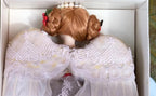 Vintage 1980s Bisque Christmas Angel Tree Topper – 10", Silver Gown & Real Feather Wings
