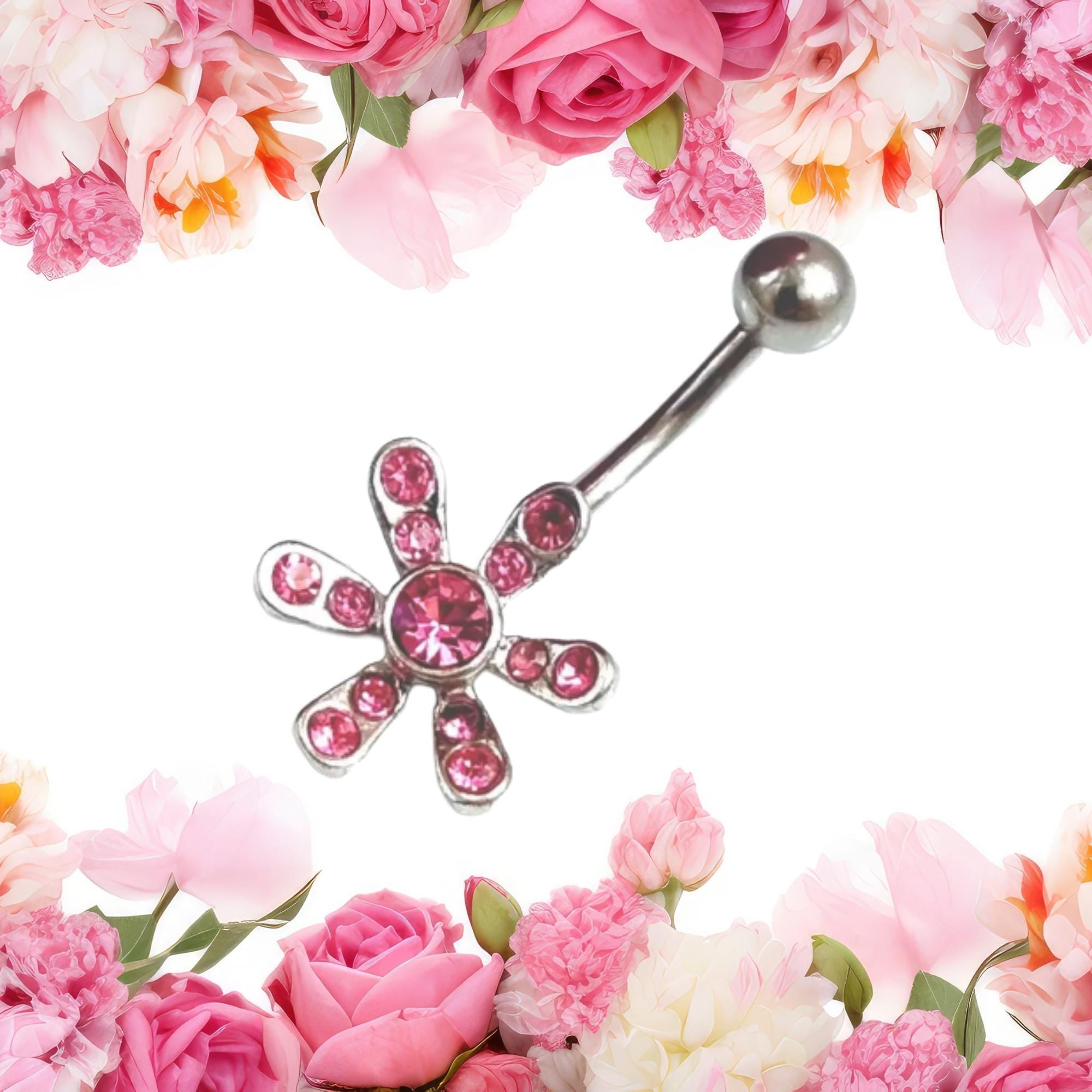 Pink Flower Belly Ring – 14G Rhinestone Navel Jewelry, Surgical Steel