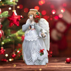 Vintage 1980s Bisque Christmas Angel Tree Topper – 10", Silver Gown & Real Feather Wings